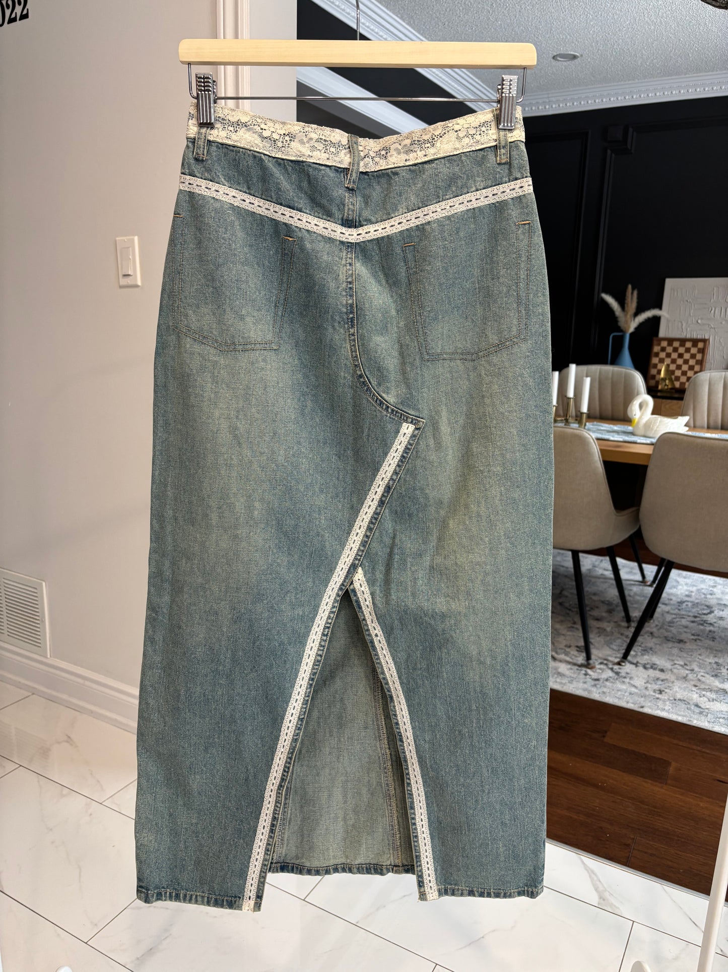 Lace Detail Long Denim Skirt Size 5