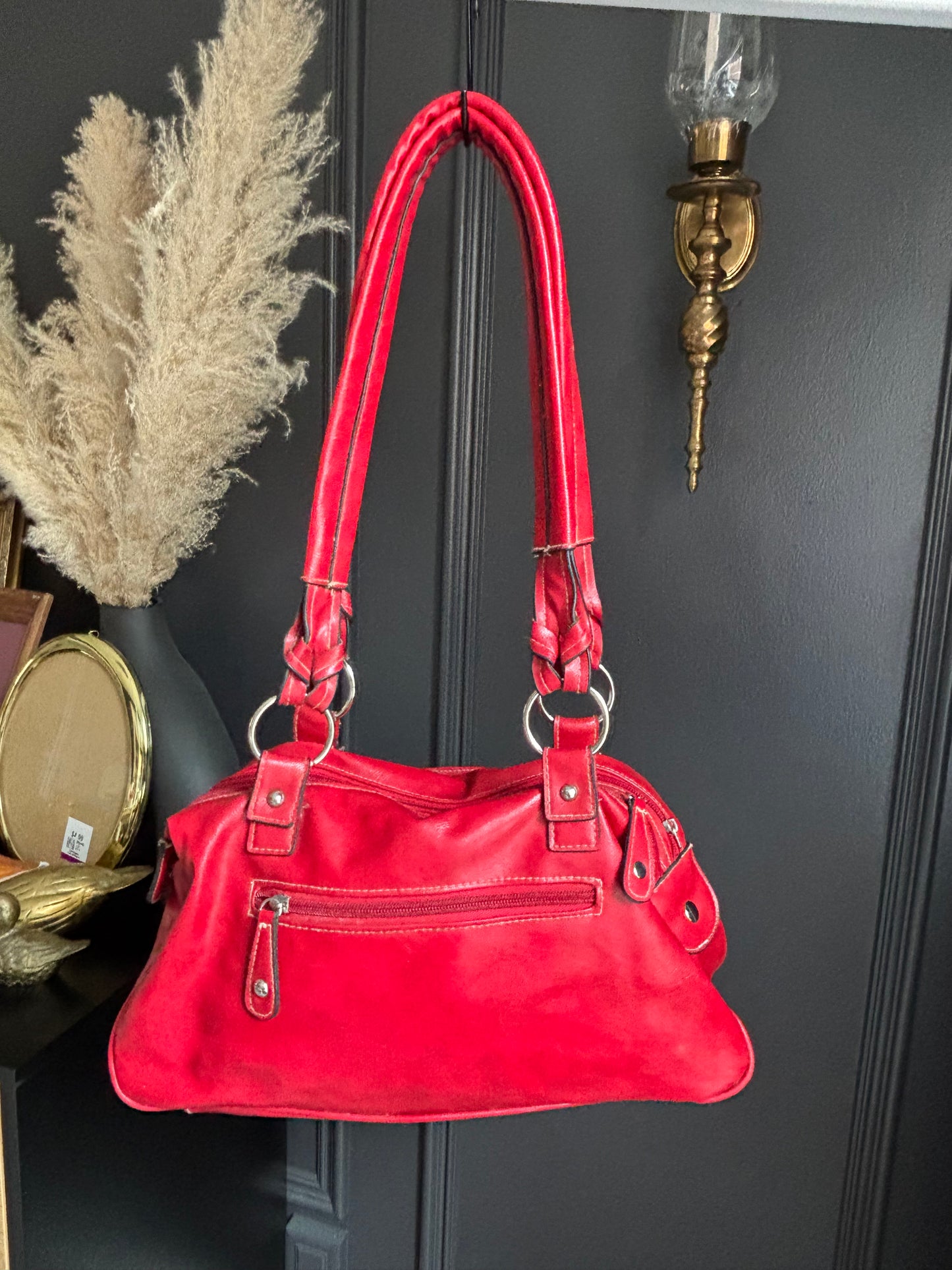 Red Shoulder Bag With White Stitch