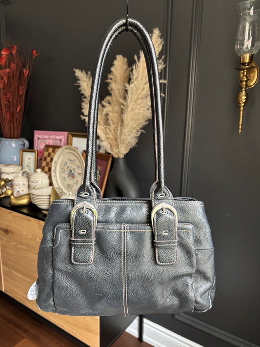 Genuine Leather Buckle Detail Shoulder Bag