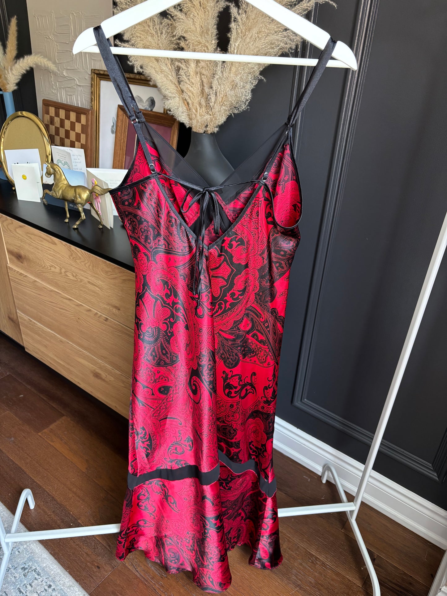 Red & Black Long Satin Paisley Dress Size M